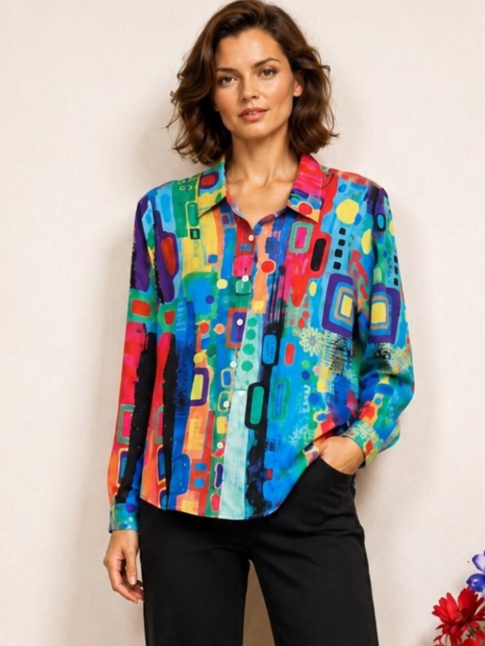 Colorful Abstract Graphic Button-Down Blouse | Long Sleeve Statement Top